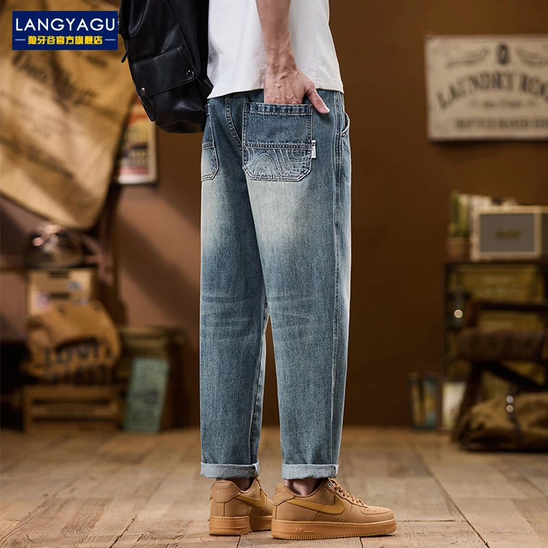 高端刺绣锥形牛仔九分裤男士秋夏新款宽松直筒百搭休闲长裤子男潮