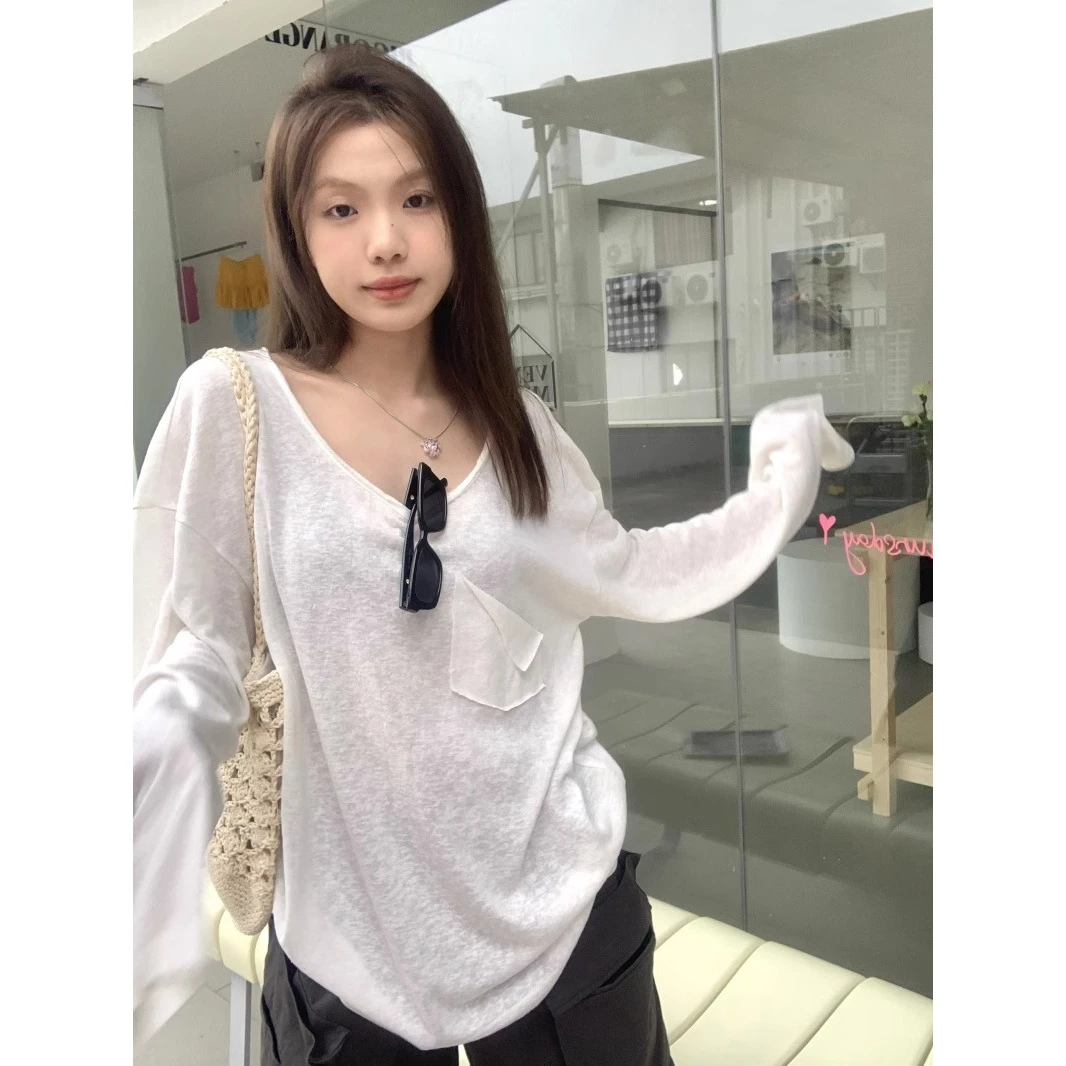 u领白色薄款衣长袖T恤女慵懒风宽松国潮流罩衫上衣 ins风透气女