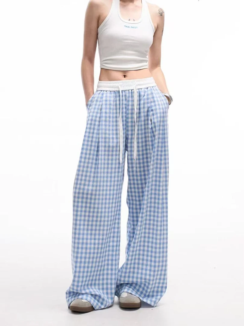 F9D三色“白腰格纹”松紧腰直筒裤