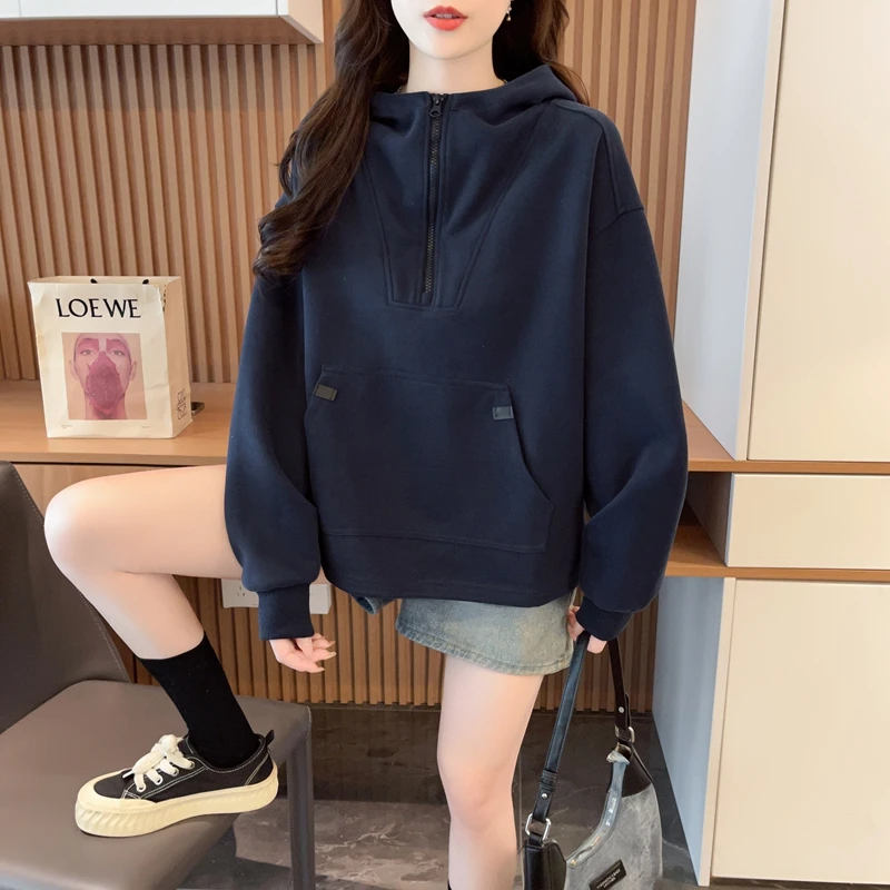拼接口袋半拉链连帽卫衣女早秋季爆款宽松洋气设计感百搭炸街上衣