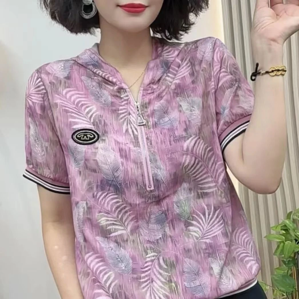 2025中老年时尚提花短袖夏季薄款小衫女装新款连帽宽松T恤衫百搭