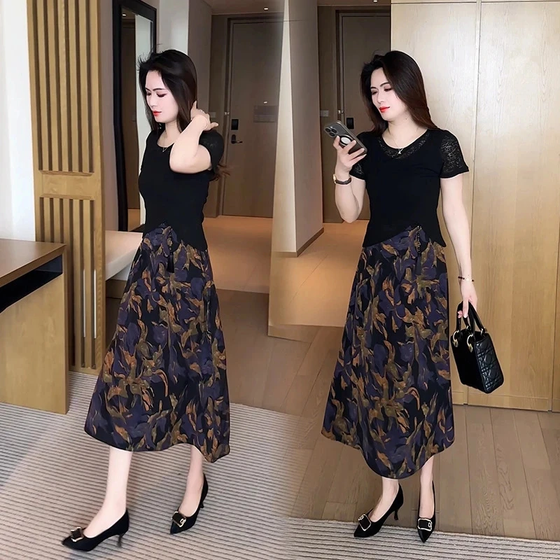 洋气连衣裙女印花两件套裙子气质拼接夏季新款时尚显瘦新中式