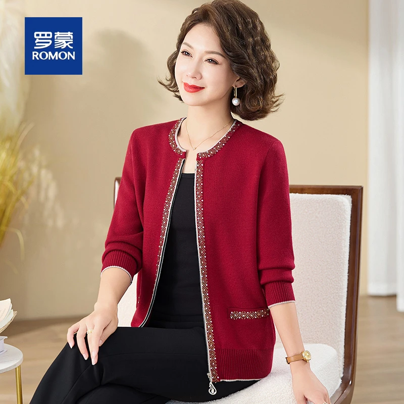 罗蒙中年妈妈秋装针织开衫外套中老年女装春秋本命年红色夹克上衣