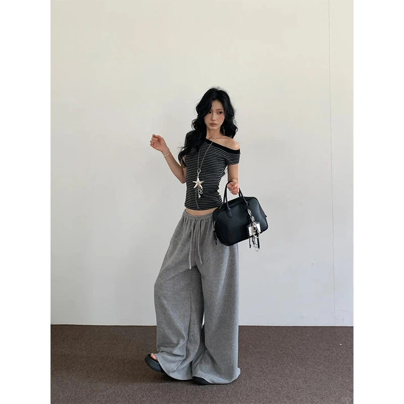 夏季新款休闲百搭时尚设计感斜肩条纹上衣高腰修身显瘦宽松阔腿裤