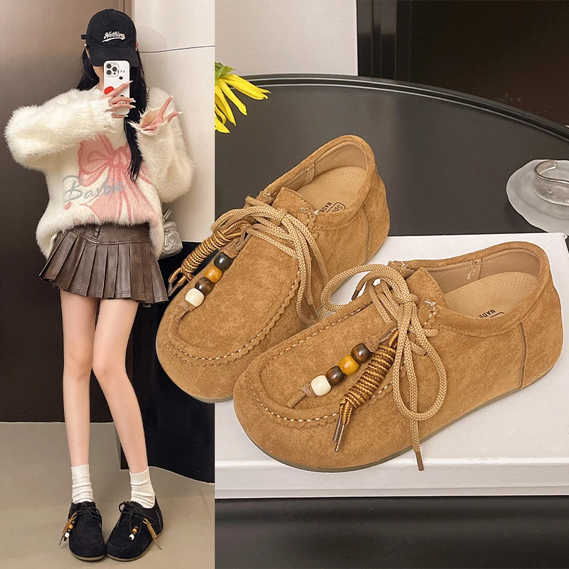 复古丑萌勃肯鞋女秋2025新款厚底内增高豆豆鞋休闲软底袋鼠乐福鞋
