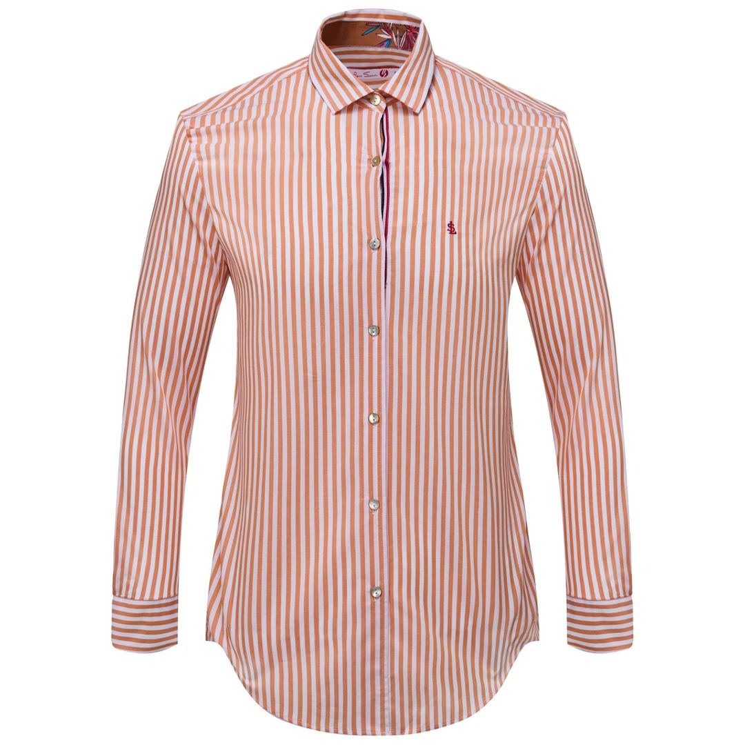 上衣女士夏季时尚纯棉修身衬衣长袖条纹常规款尖领休闲衬衫翻领