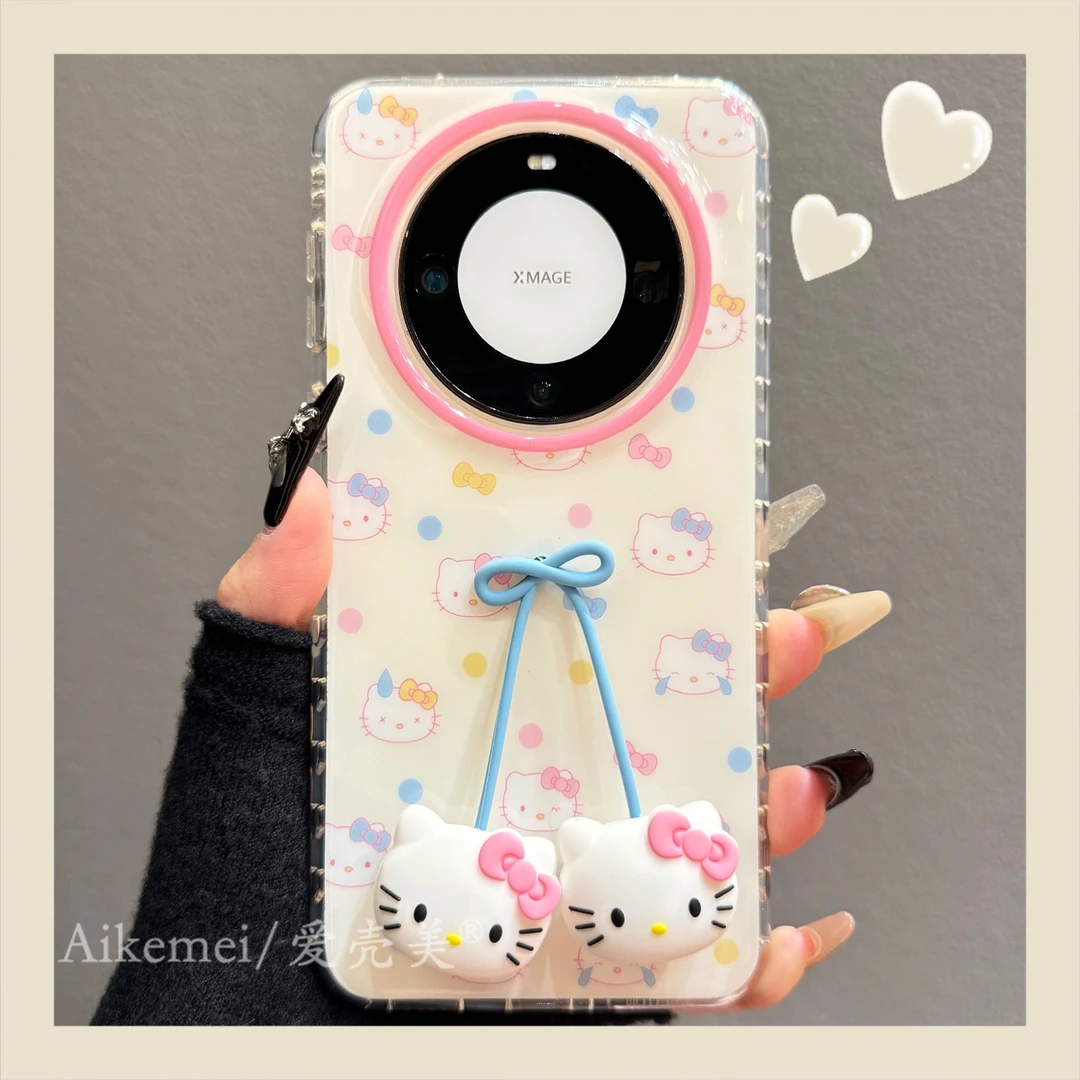 适用华为mate70pro+手机壳可爱卡通mate60pro+白底kt猫立体吊坠女