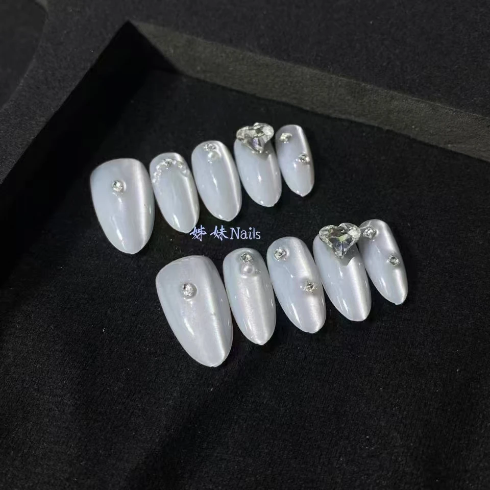 【银灰星芒】锆石款冰透白半手工穿戴甲