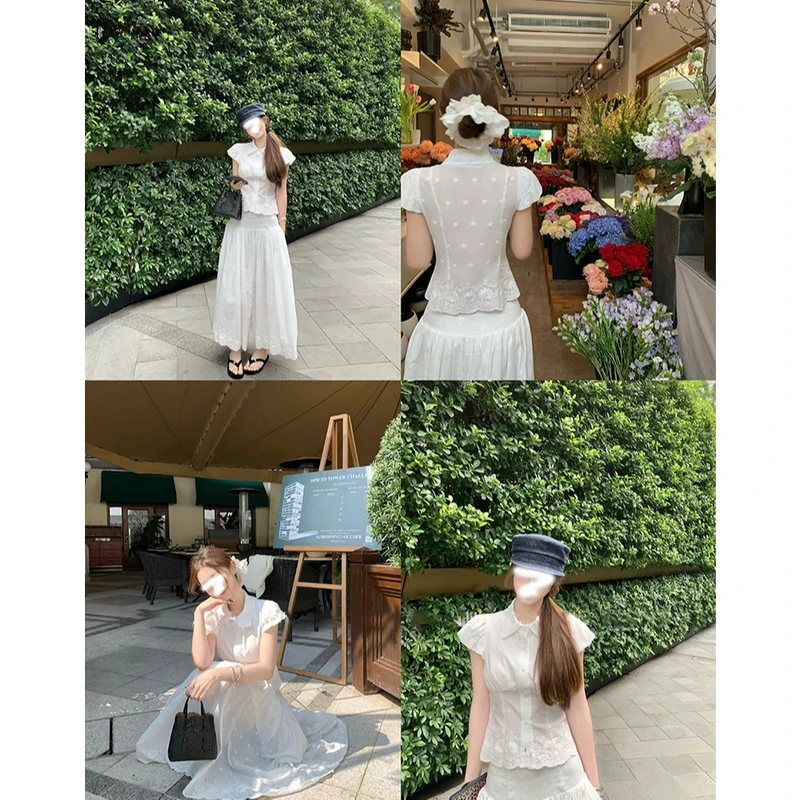 南法假日 法复古式仙女气质高级刺绣收腰衬衫/中长款半裙套装女