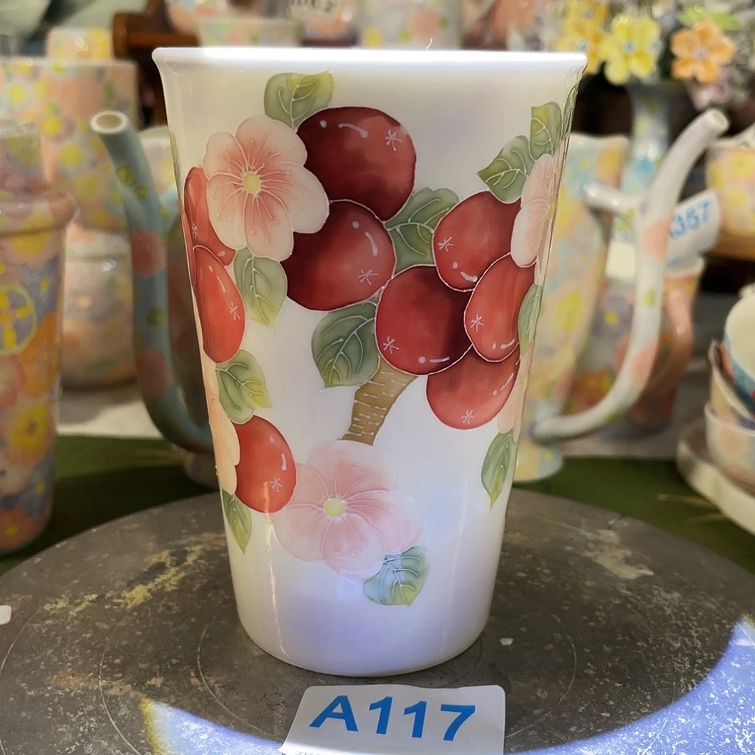 双饮款陶瓷玉泥釉下五彩樱桃果子可乐杯