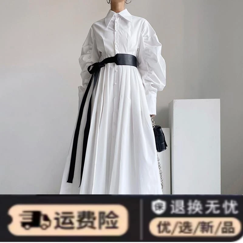 韩国chic早春小众尖尖领单排扣收腰显瘦灯笼袖衬衫连衣裙配腰带女