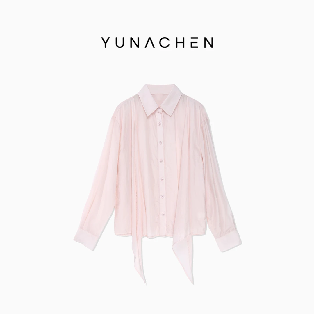 菠萝宝宝yuna【艾琳娜】春夏薄款女士粉色休闲简约飘带长袖衬衫YD25
