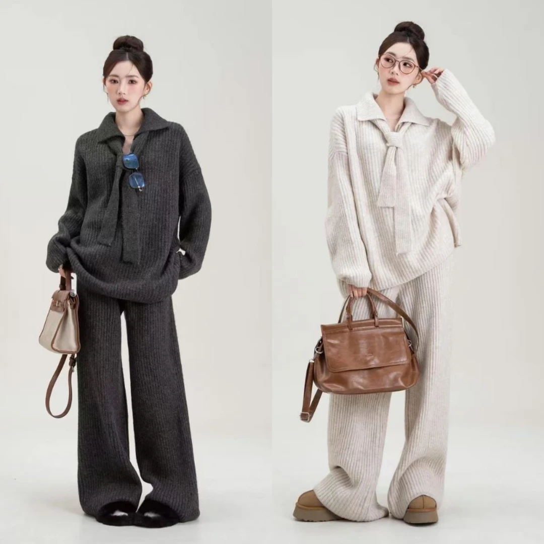 秋冬慵懒风纯色毛衣+简约百搭休闲裤套装配飘带高级感加厚毛衣女