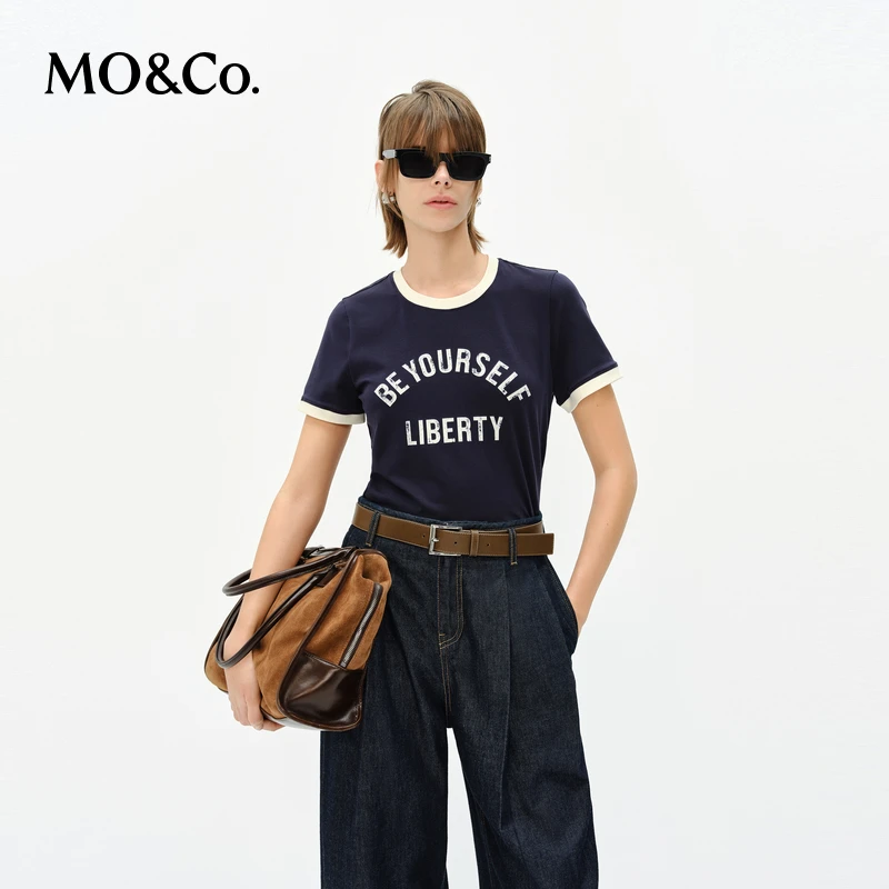 MOCO短袖T恤2025春新品接触瞬间凉感修身圆领正肩撞色MBE1TEET16