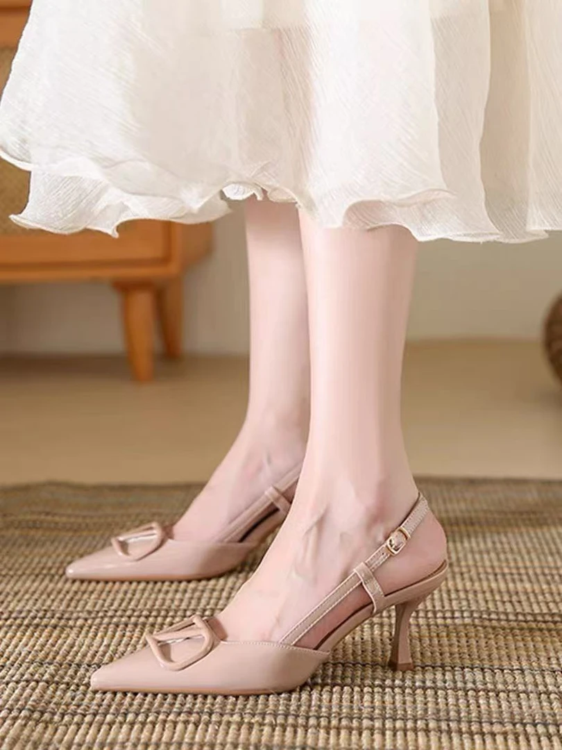 凉鞋女V家尖头猫跟鞋新款气质漆皮包头细跟法式裸色高跟鞋女春夏