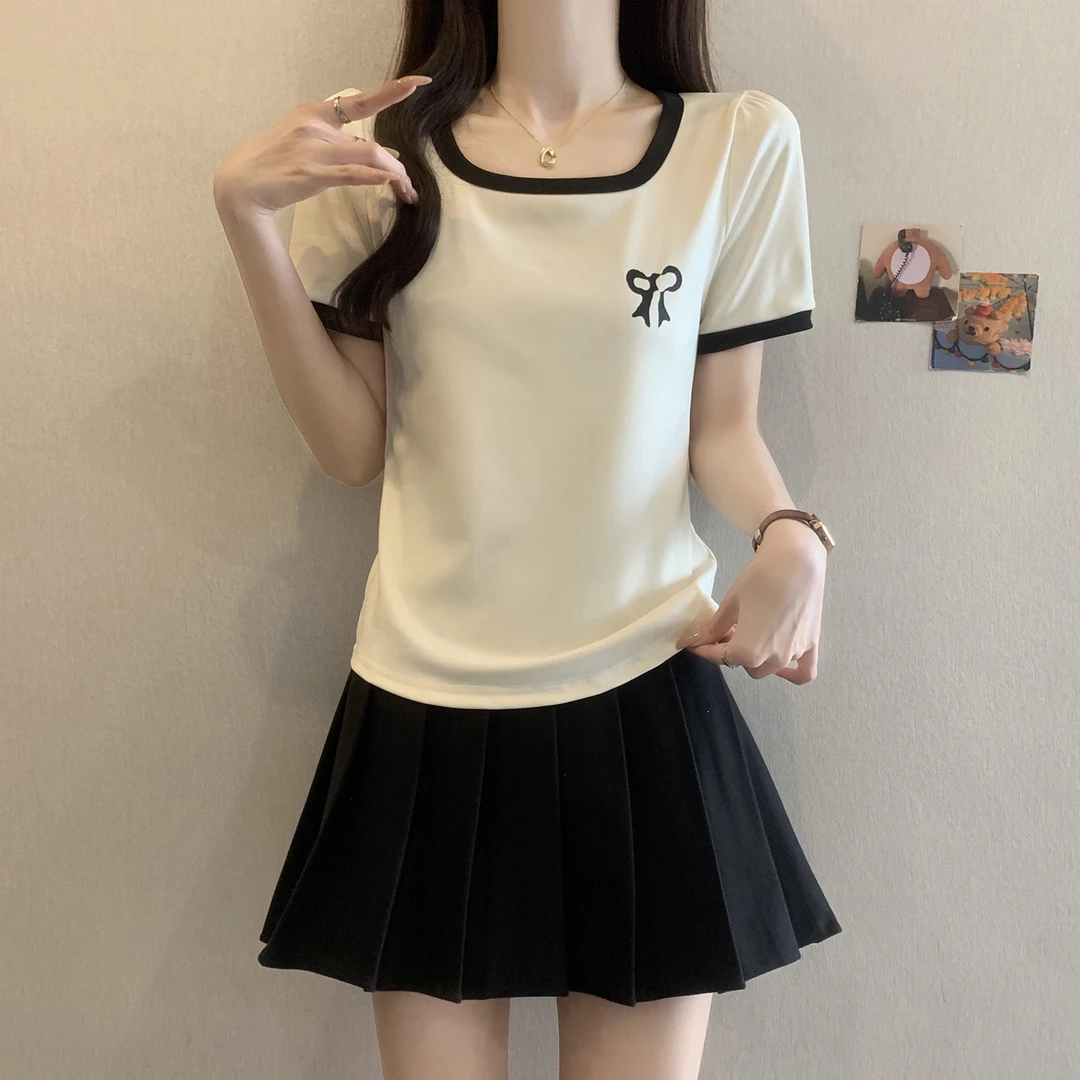 yoewshean/羽媗胖mm大码女装蝴蝶结印花短袖t恤夏季新款显瘦遮肚