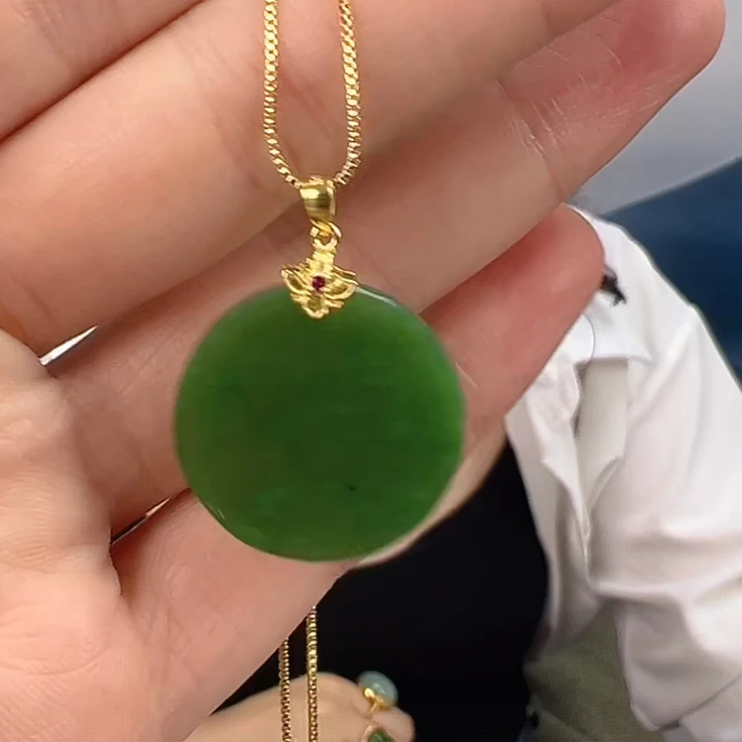 S925银镶天然老料碧玉圆牌吊坠和田玉玉石满绿无事牌女微矿点25m