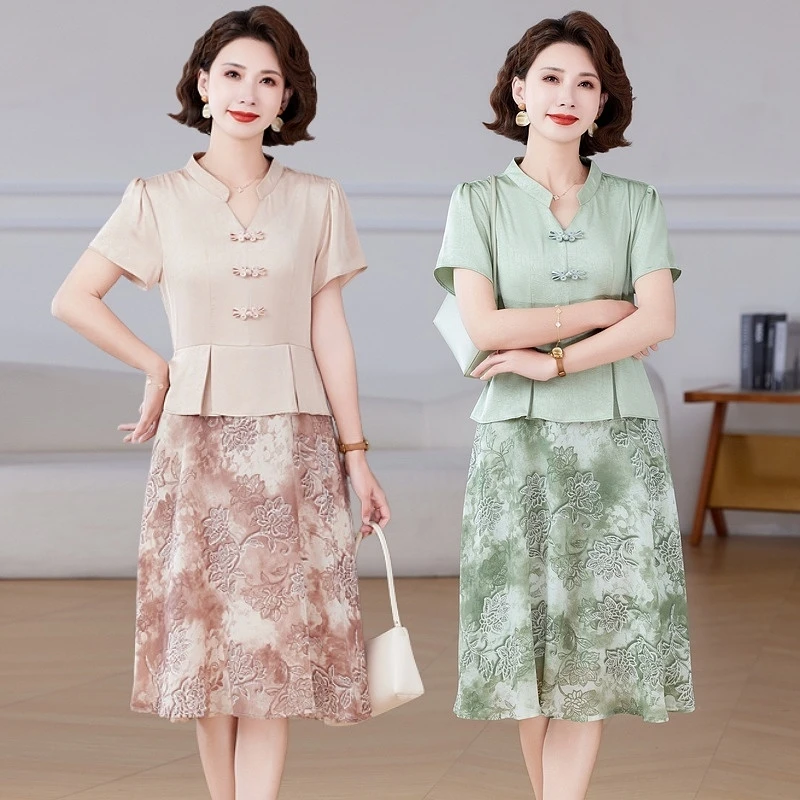 妈妈夏装假两件连衣裙母亲节新款中老年女士夏季短袖裙子洋气高贵