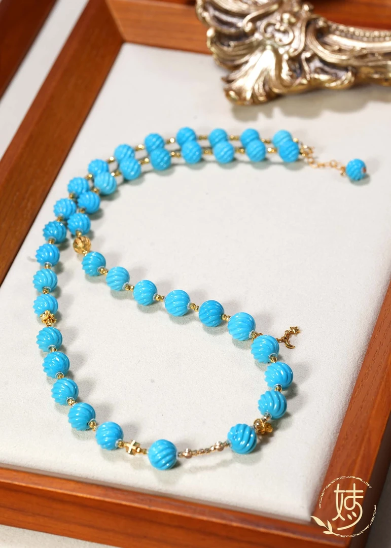 【婧婧精选】藏品 · 18K金原矿绿松n扭扭珠DIY项链 7.5MM+