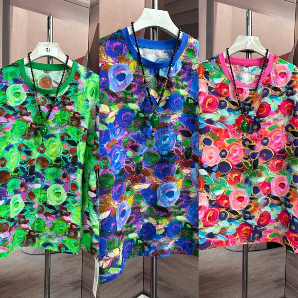 三色玫瑰2025夏季女短袖T恤时尚休闲舒适3D数码印花短袖上衣女装