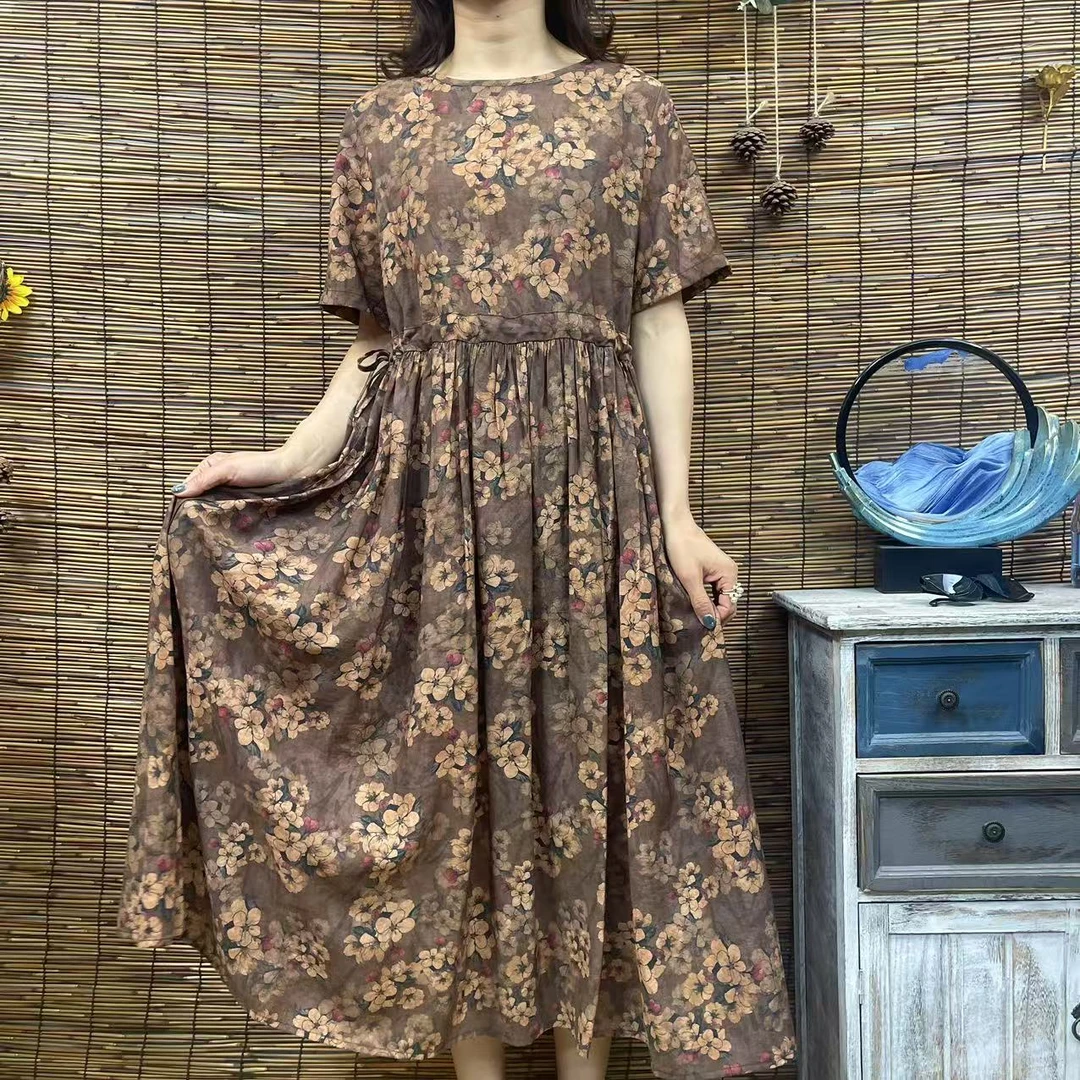 6120新款文艺优雅显瘦气质圆领咖底小花长款大摆连衣裙时尚文艺