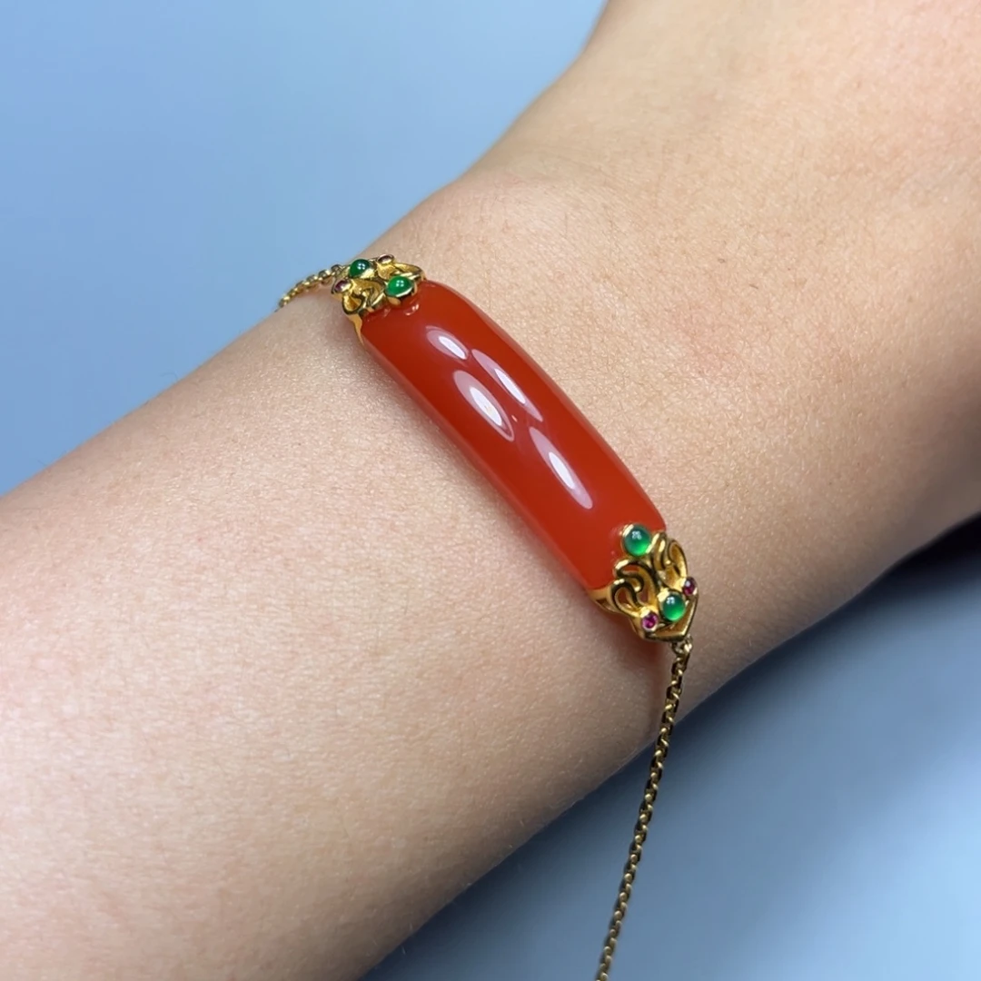 南红玛瑙柿子红手牌手链18K金镶嵌