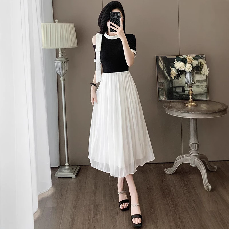 设计感法式气质连衣裙女夏高端洋气拼接网纱收腰party小礼裙