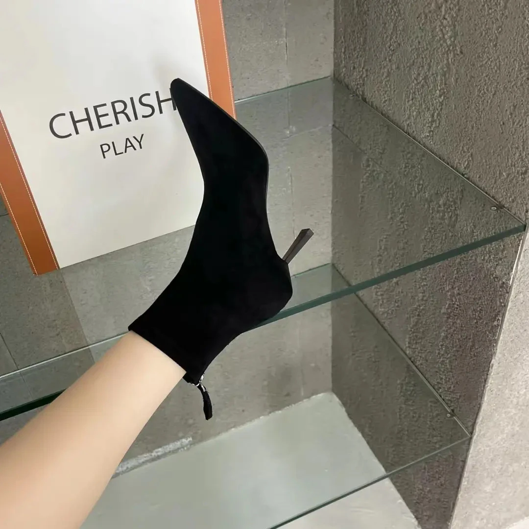 5/7cm黑色简约绒面短靴踝靴细跟尖头瘦瘦靴百搭高跟女靴弹力靴