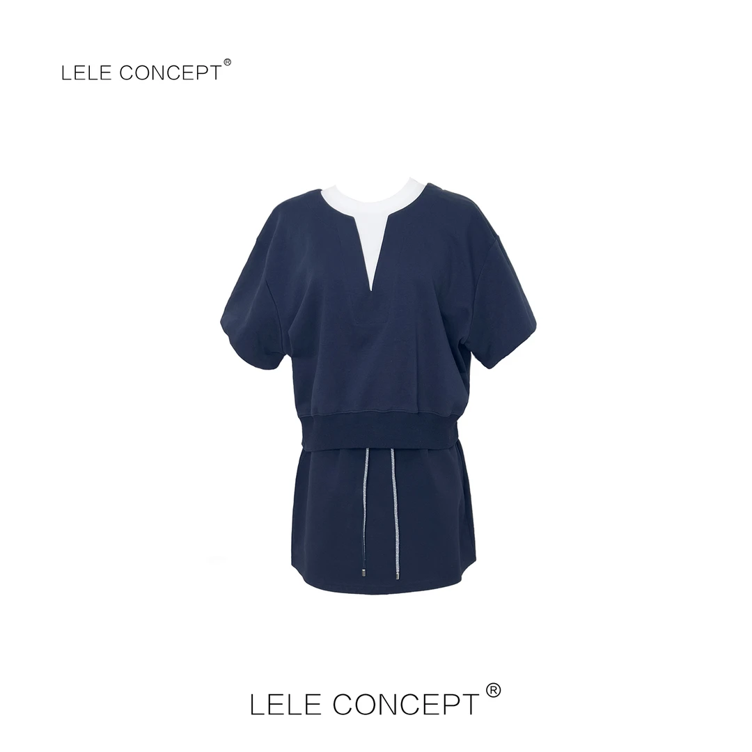 LELE CONCEPT｜ 时尚拼接撞色假两件半裙上衣套装T0130