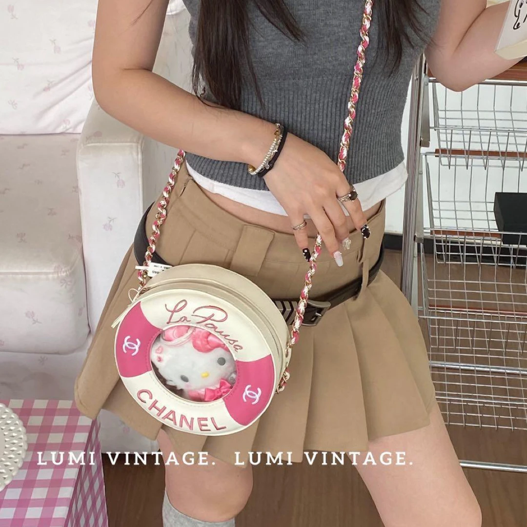 95新 Chanel/香奈儿 Lumi包展-白粉拼色羊皮游泳圈单肩包
