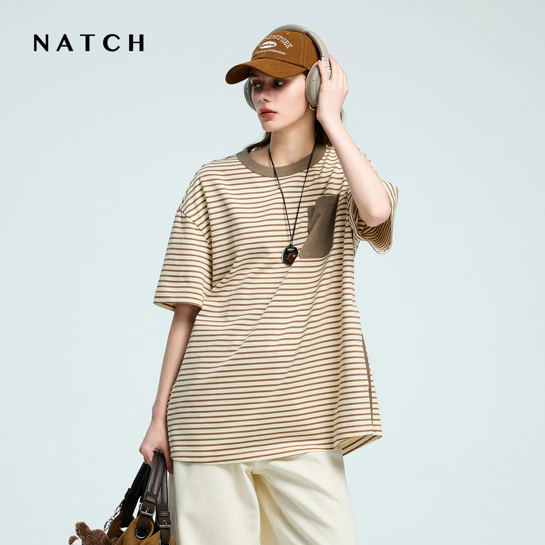 NATCH/南枳复古圆领T恤2025夏新款百搭正肩口袋日系休闲条纹上衣