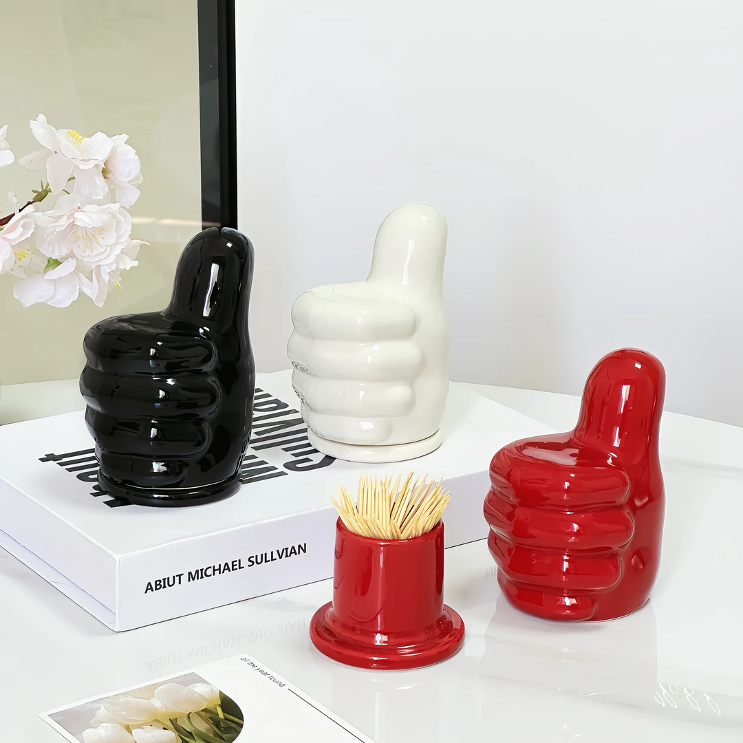 创意大拇指牙签筒家用客厅桌面装饰摆件陶瓷棉签罐高档牙线收纳盒