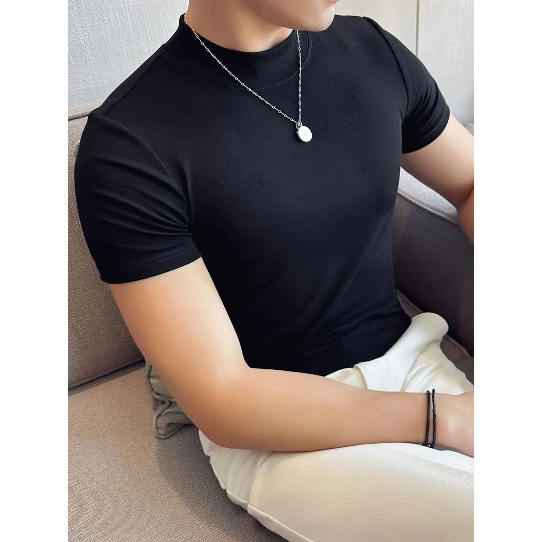 半高领短袖t恤男潮牌黑色紧身弹力百搭纯色韩版修身潮流中领体恤