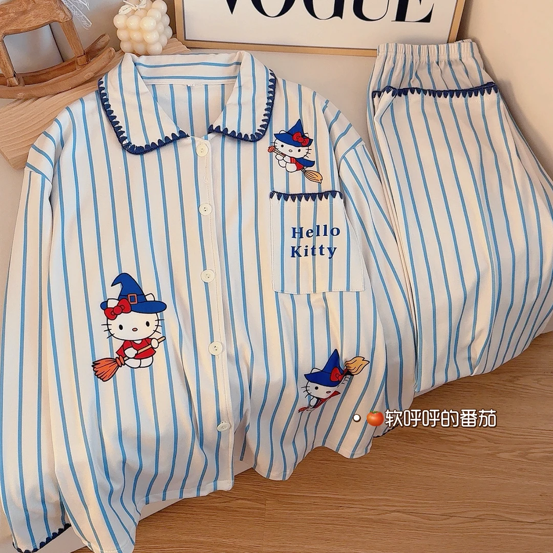 魔法师kt|睡衣女秋冬季长袖磨毛双面绒保暖条纹家居服套装可外穿