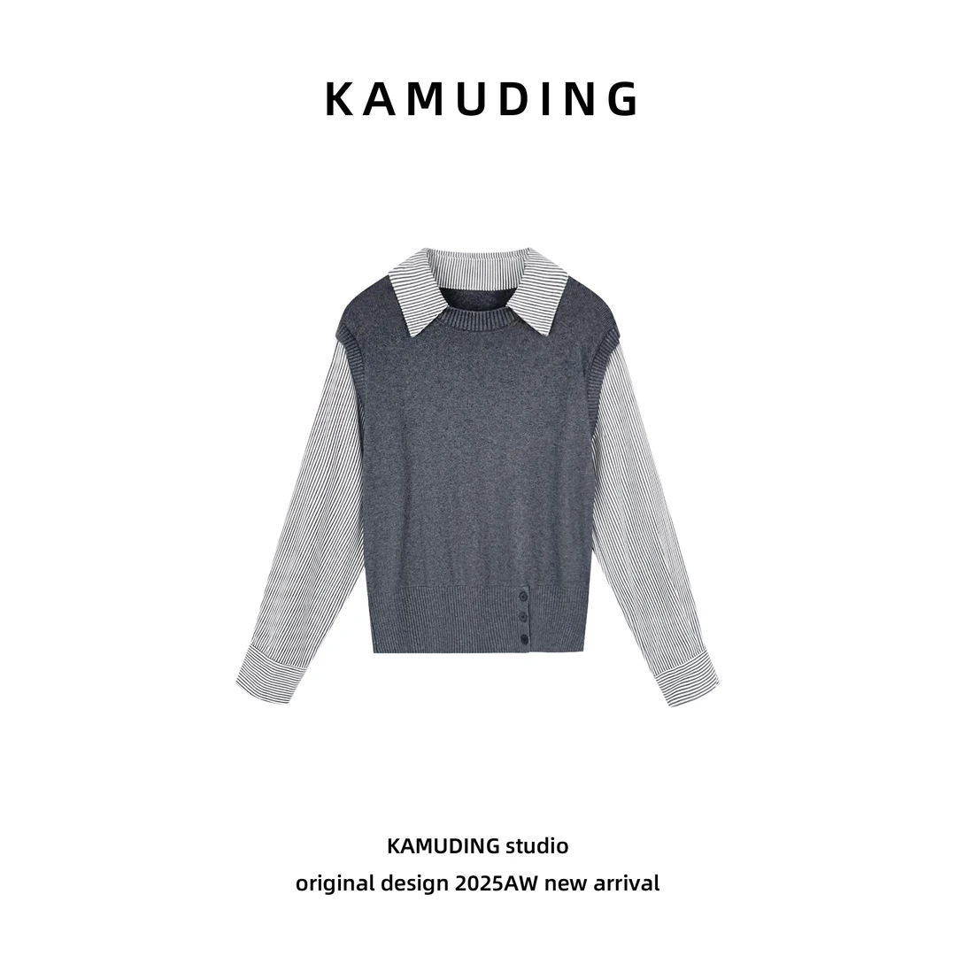 KAMUDING2025新款A39假两件条纹长袖衬衫领拼接毛针织衫25251