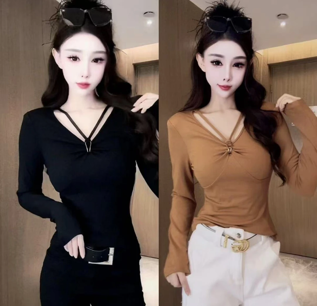 V领耐磨褶皱长袖韩版纯色抗皱T恤秋冬性感百搭网红磨毛加绒打底衫