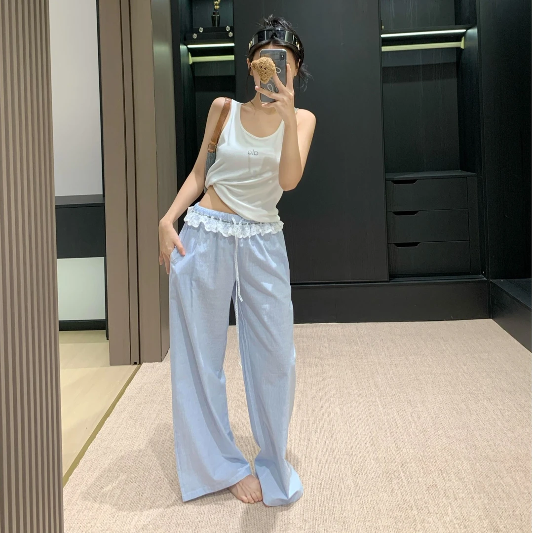紧腰宽松蕾丝拼接工装休闲阔腿裤女套装幂式品味修身短袖T恤上衣