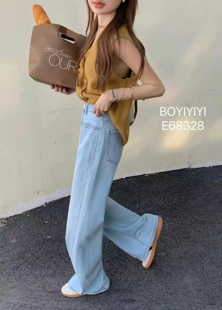 Boyiyiyi女剪标春季浅蓝色窄版直筒裤垂感百搭通勤阔腿裤68328