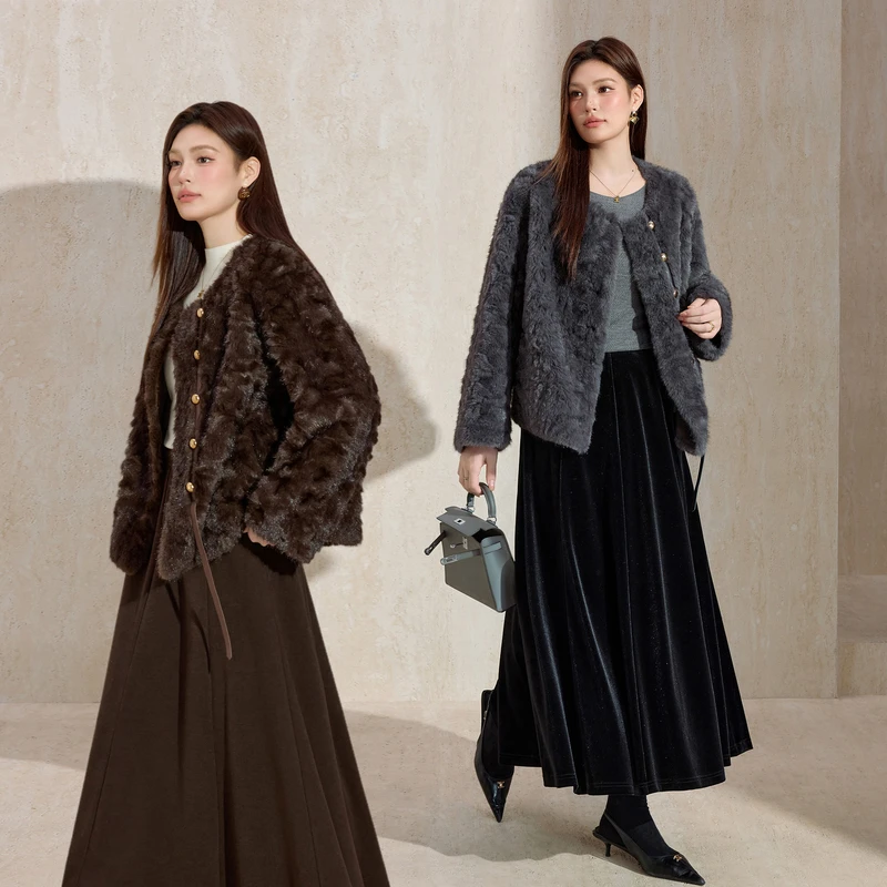 蓝语大码女装高端气质仿花狐短款外套冬季新款保暖显瘦毛茸茸上衣