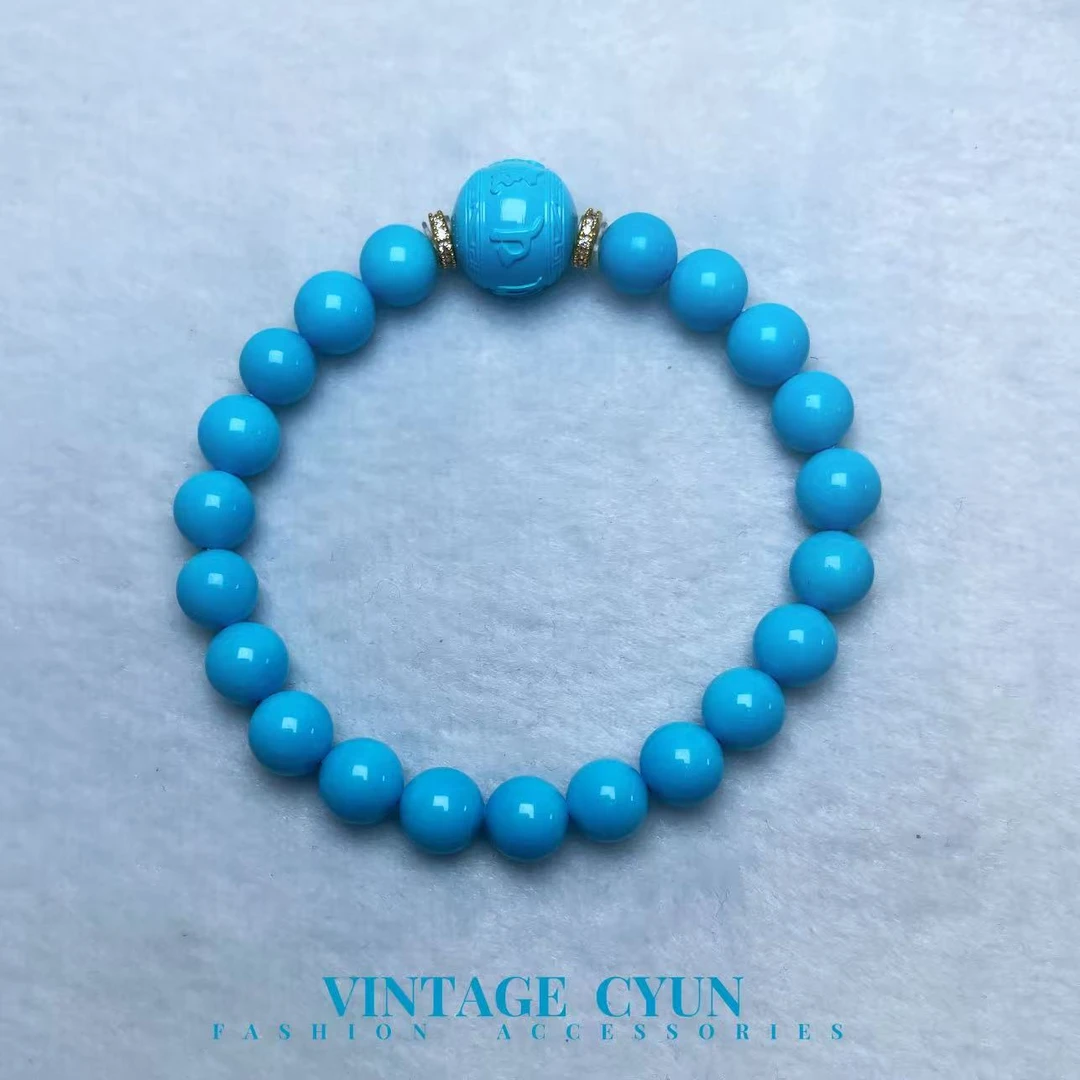 【沐羽珠宝】蓝色（8mm）手工雕刻六子真言百搭手串20246