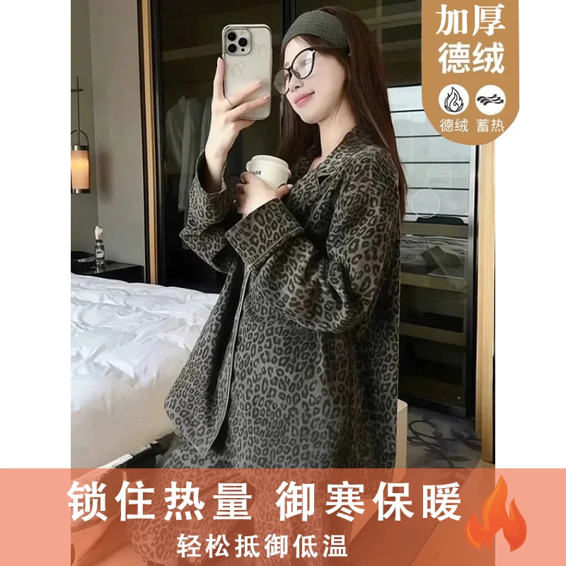 德绒睡衣女秋冬季新款加大码宽松长袖卡通豹纹可爱保暖家居服套装