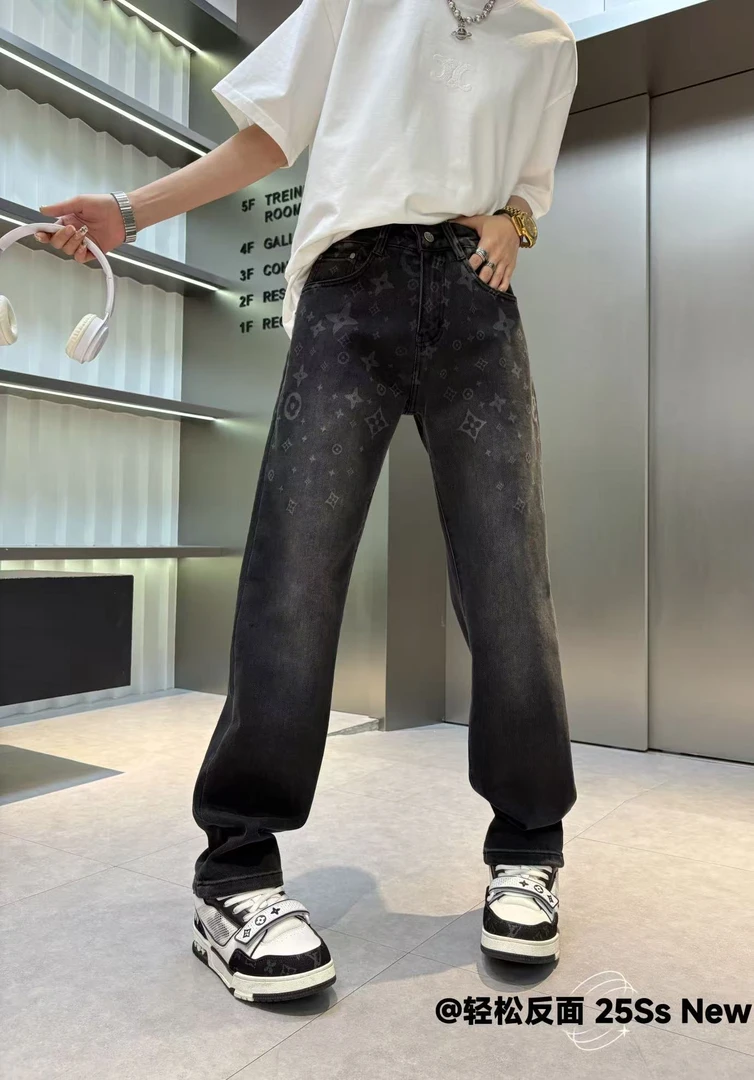 【夜与法兰西】秋冬印花休闲风牛仔裤中低腰黑色潮流做旧韩版长裤
