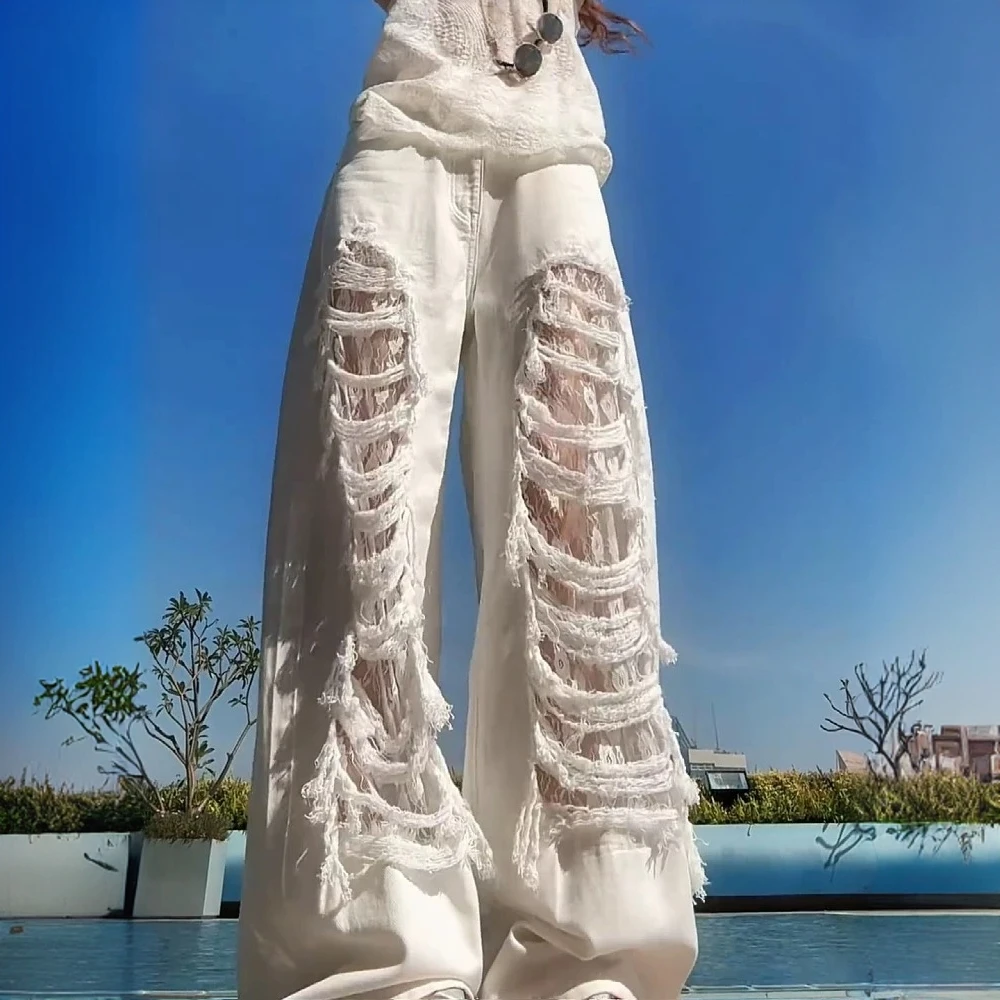 白色破洞蕾丝镂空阔腿牛仔裤女春季新款大码胖妹妹宽松显瘦直筒裤