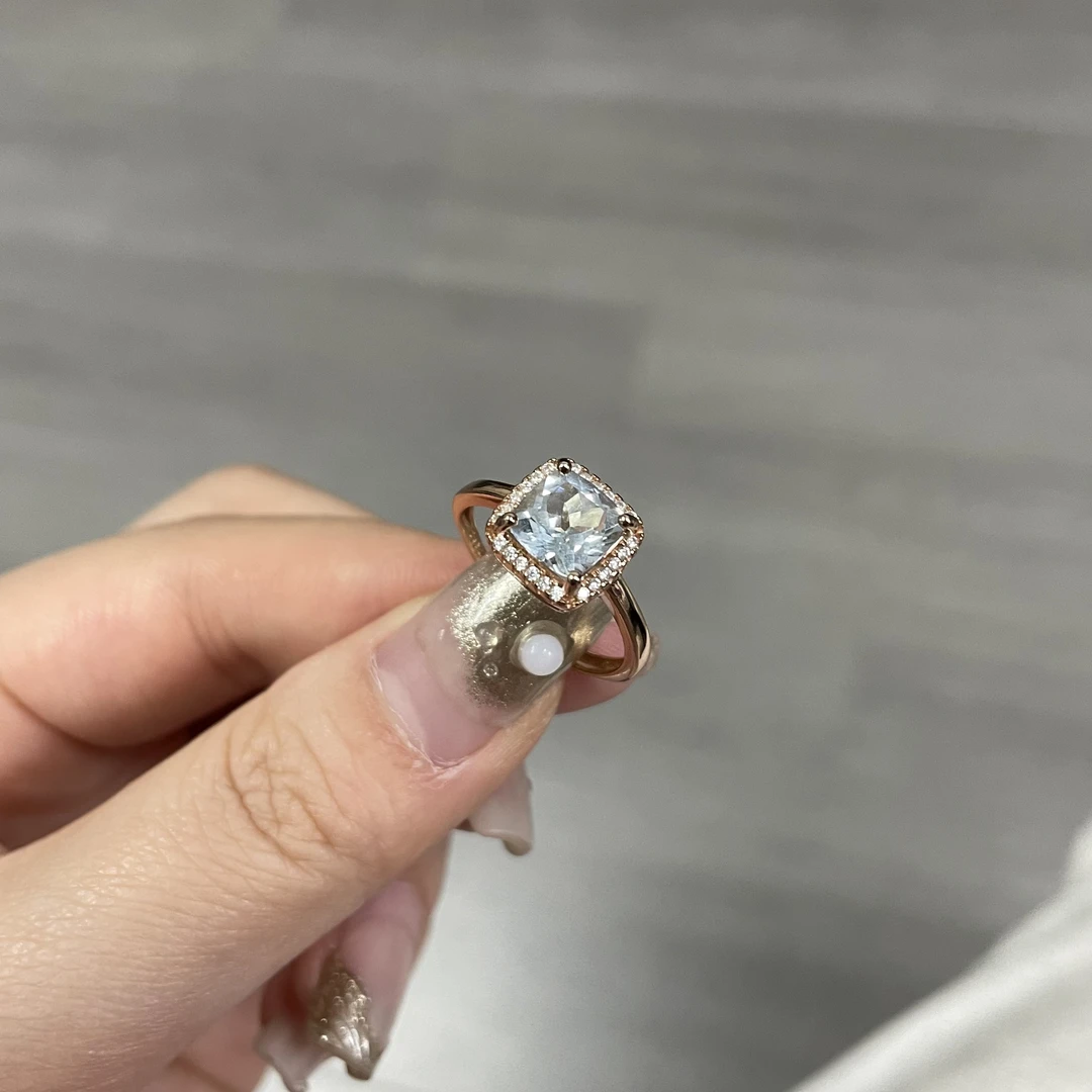 天然斯里兰卡海蓝宝女款戒指珠宝首饰s925银镀金活口方形建议时尚