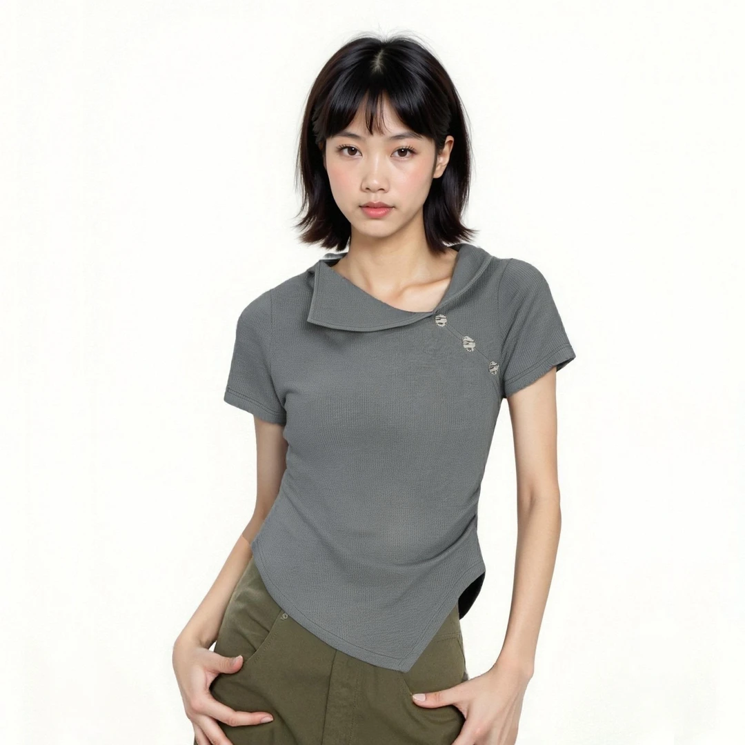 【灰调结韵】设计款简约翻领不规则T恤女夏季新款