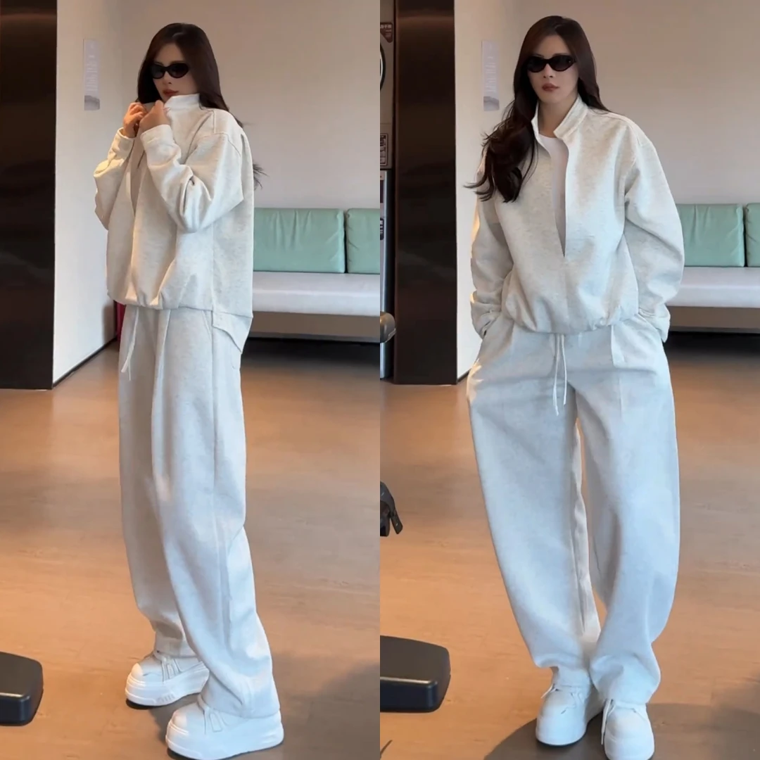 2025秋季男女同款休闲百搭假两件时尚立领卫衣休闲休闲裤运动套装