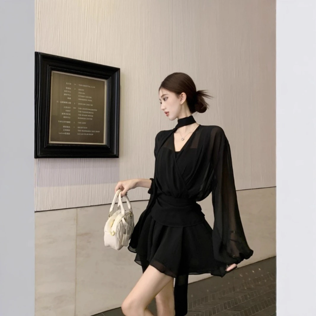 时尚衣橱~大码法式长袖衬衫连衣裙女百褶雪纺裙胖MM遮肚显瘦短裙