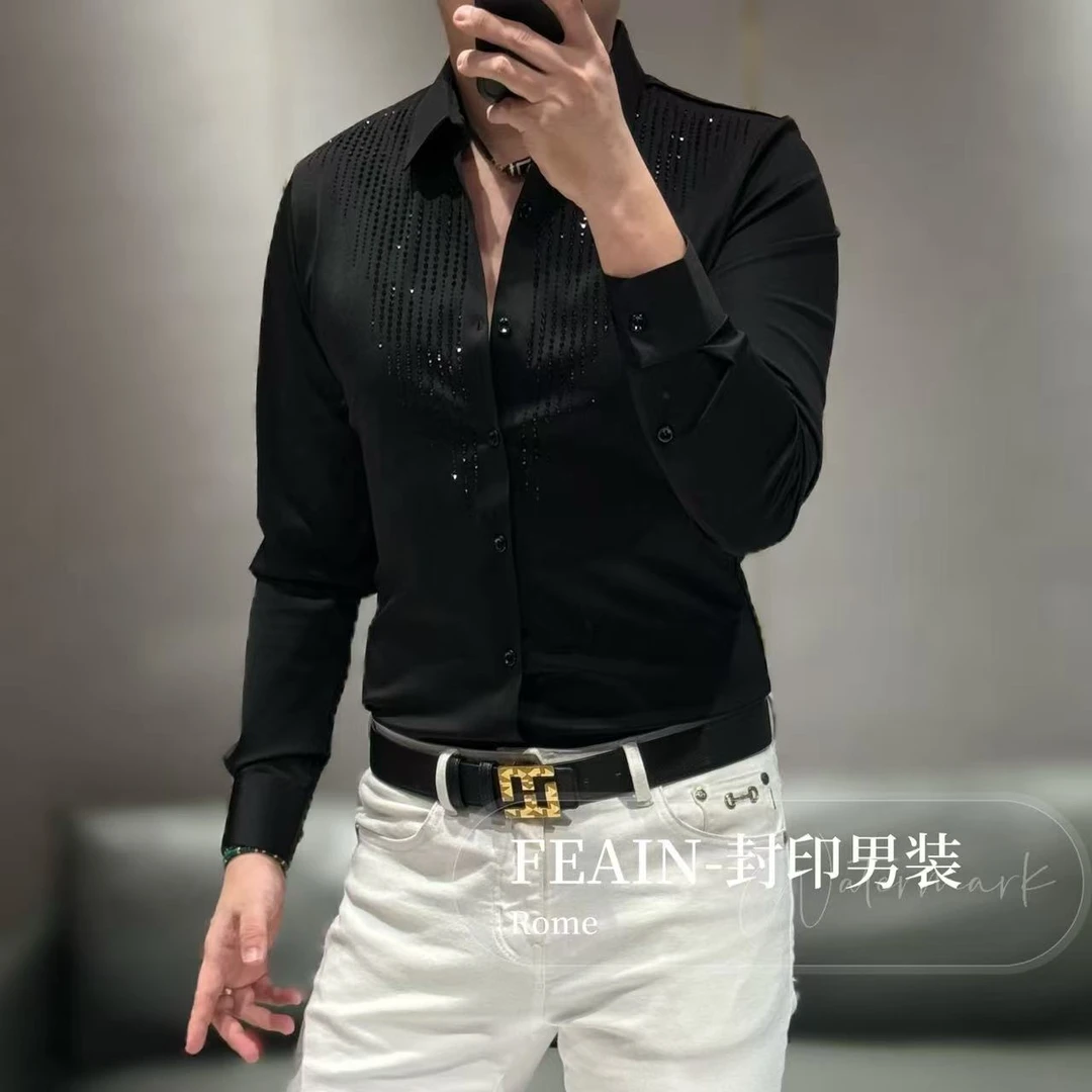 高端男士定制弹力莱卡满天星奥钻点缀长袖衬衫2575