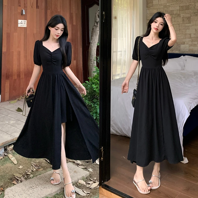 大码法式赫本风黑色连衣裙后背橡皮筋打揽纯欲气质开叉显瘦小黑裙