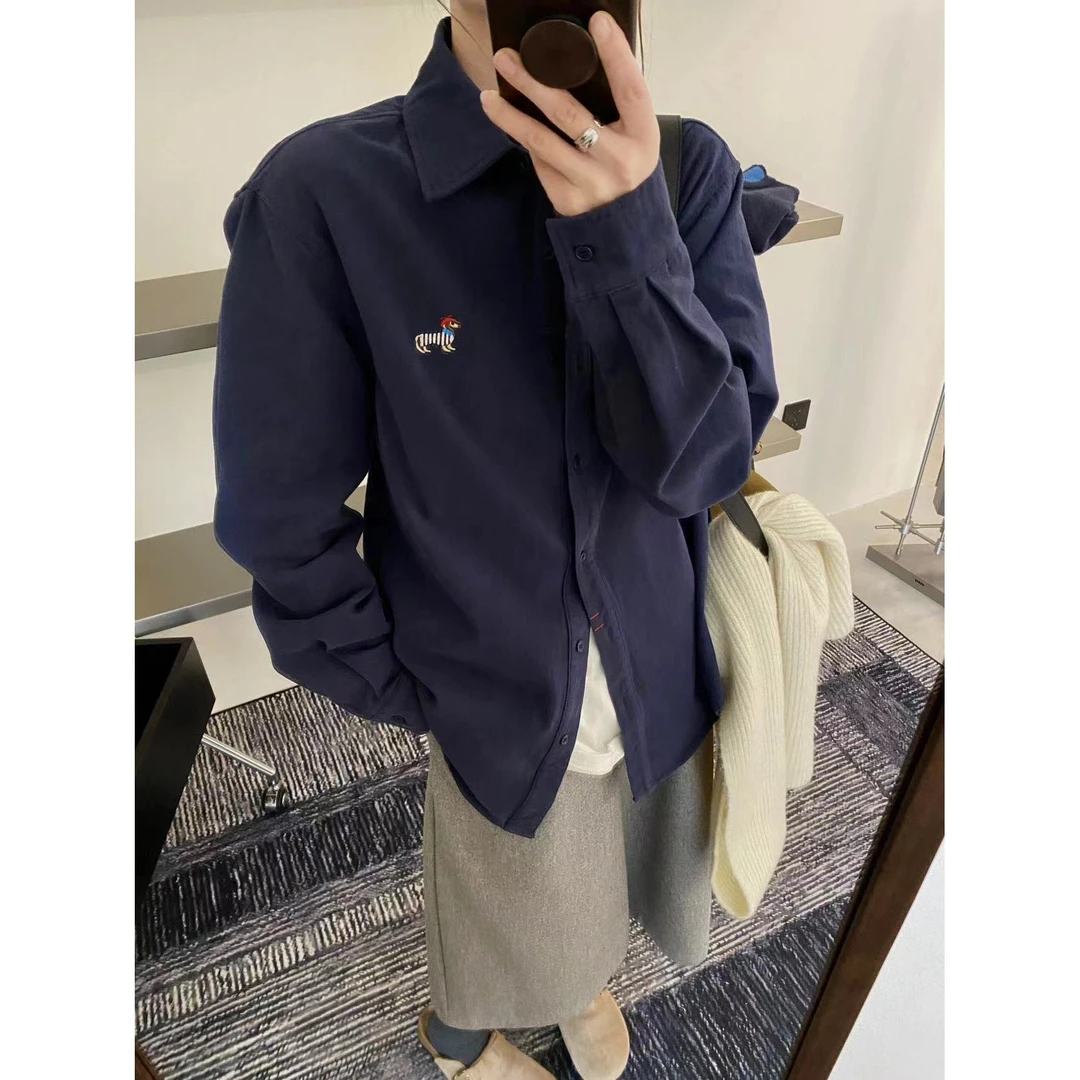 J-61092#喜大东#【加绒】韩系简约翻领通勤宽松卡通刺绣衬衫（福利）
